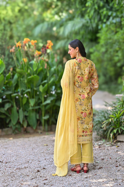 Yellow Lacy Chanderi Suit Set with Chiffon Dupatta