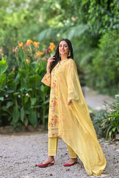 Yellow Lacy Chanderi Suit Set with Chiffon Dupatta