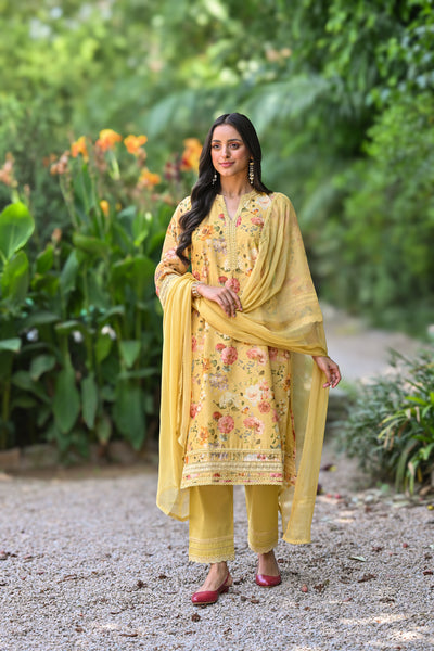 Yellow Lacy Chanderi Suit Set with Chiffon Dupatta