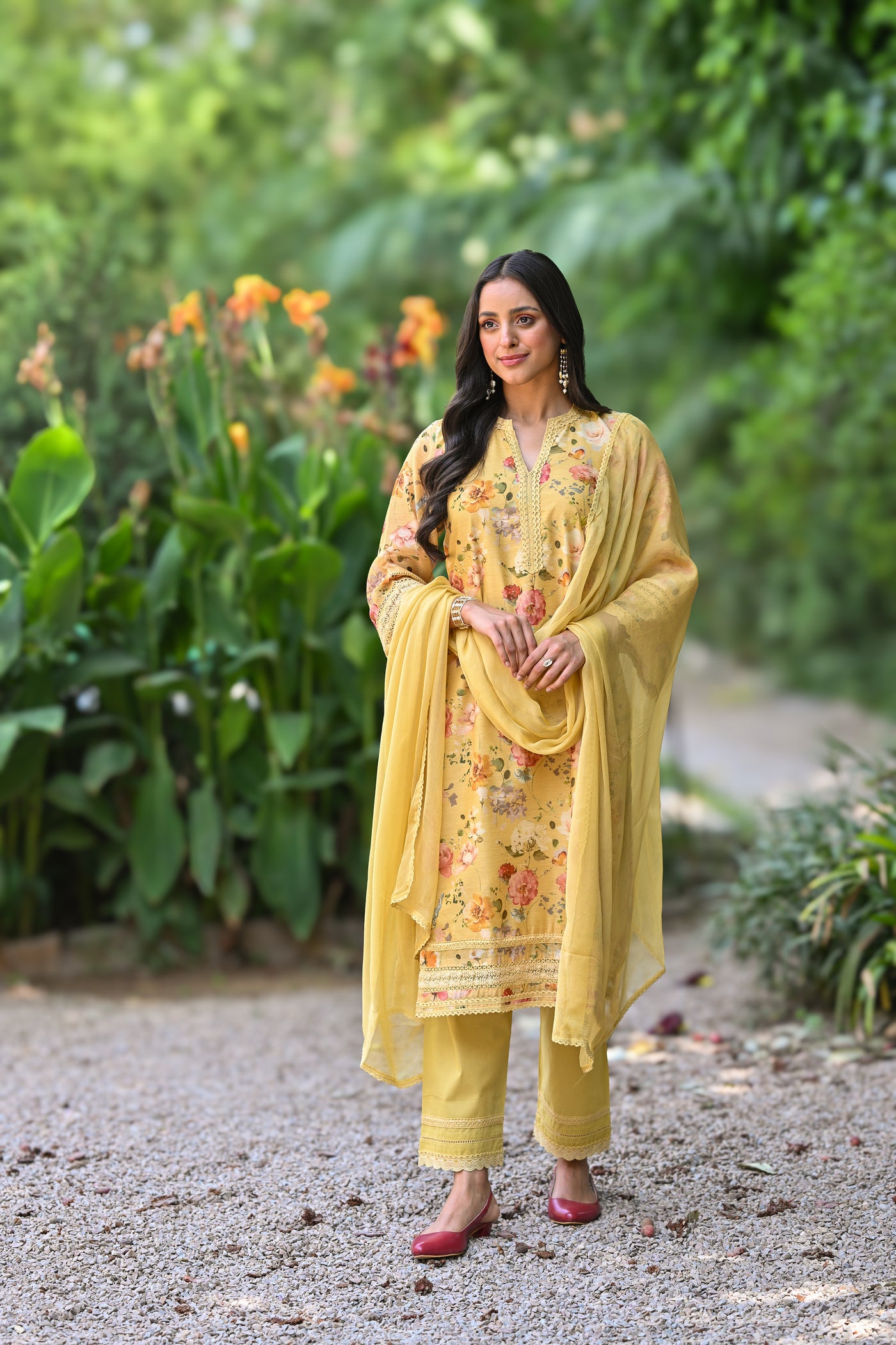 Yellow Lacy Chanderi Suit Set with Chiffon Dupatta