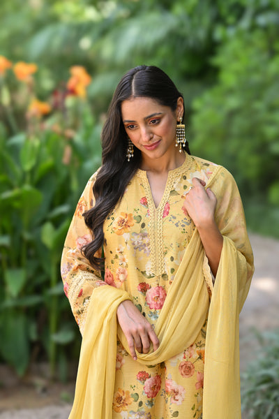 Yellow Lacy Chanderi Suit Set with Chiffon Dupatta