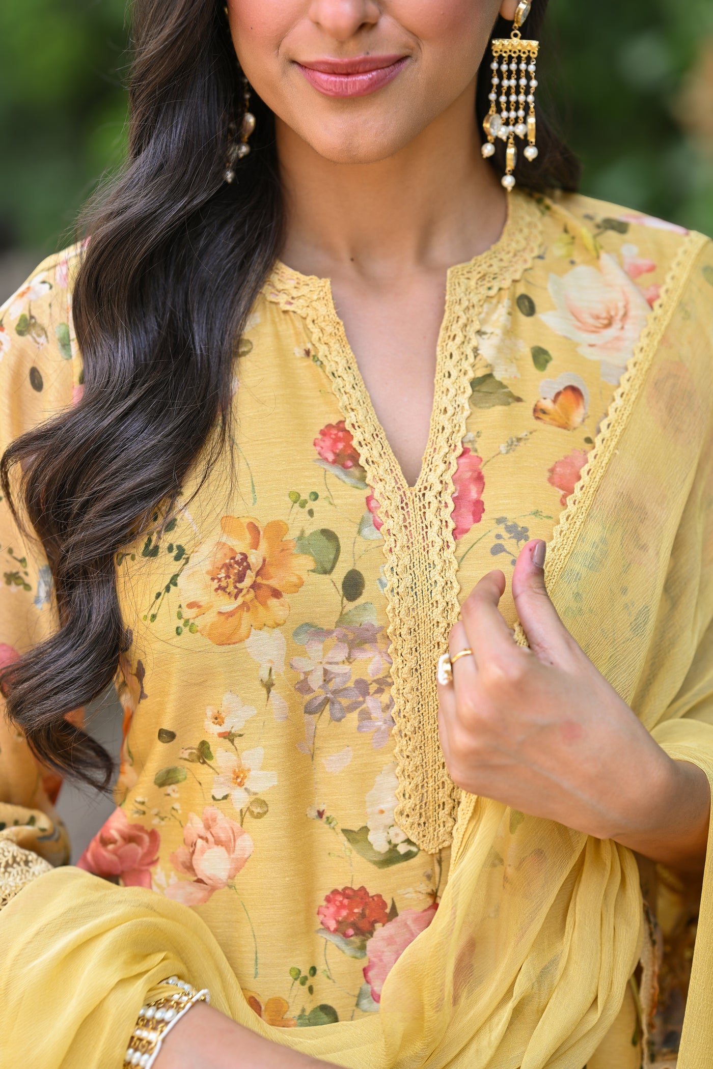 Yellow Lacy Chanderi Suit Set with Chiffon Dupatta