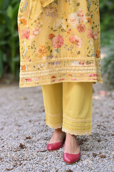 Yellow Lacy Chanderi Suit Set with Chiffon Dupatta