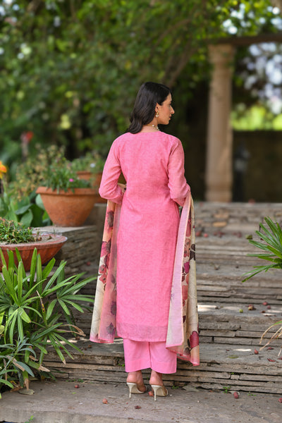 Blush Pink Chanderi Suit Set with Pearl and Gota Work and Floral Dupatta