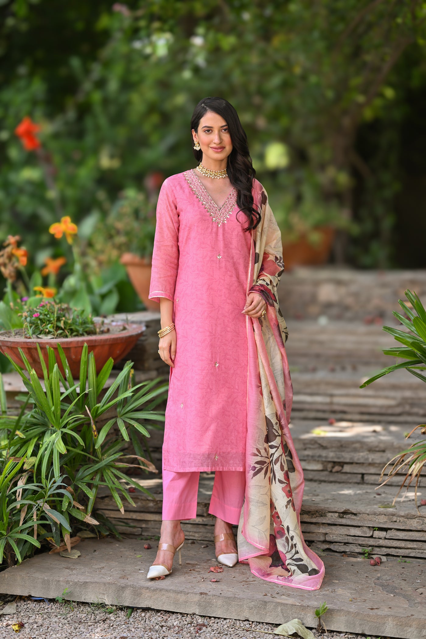 Blush Pink Chanderi Suit Set with Pearl and Gota Work and Floral Dupatta