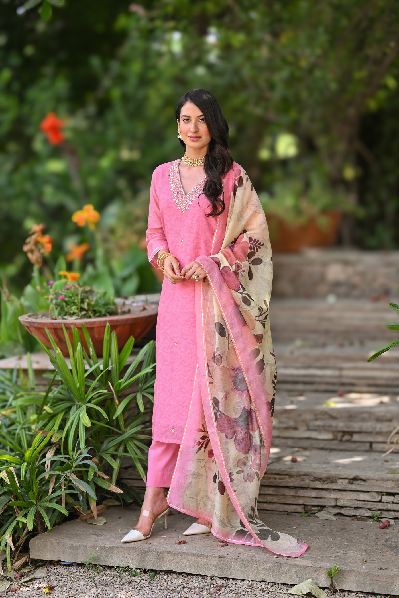 Blush Pink Chanderi Suit Set with Pearl and Gota Work and Floral Dupatta