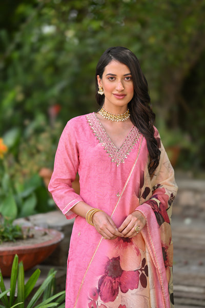 Blush Pink Chanderi Suit Set with Pearl and Gota Work and Floral Dupatta