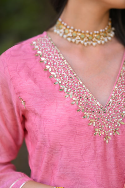 Blush Pink Chanderi Suit Set with Pearl and Gota Work and Floral Dupatta