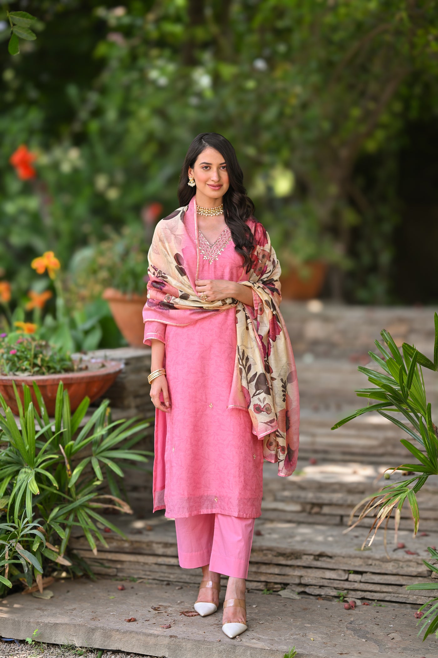 Blush Pink Chanderi Suit Set with Pearl and Gota Work and Floral Dupatta