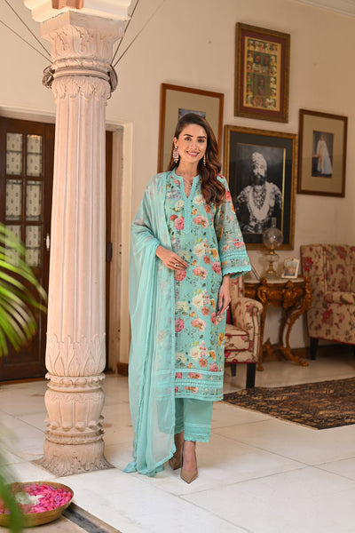 Green Lacy Chanderi Suit Set with Chiffon Dupatta