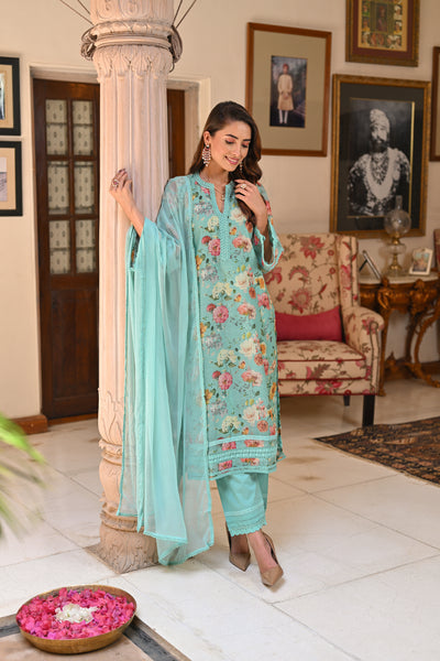 Green Lacy Chanderi Suit Set with Chiffon Dupatta