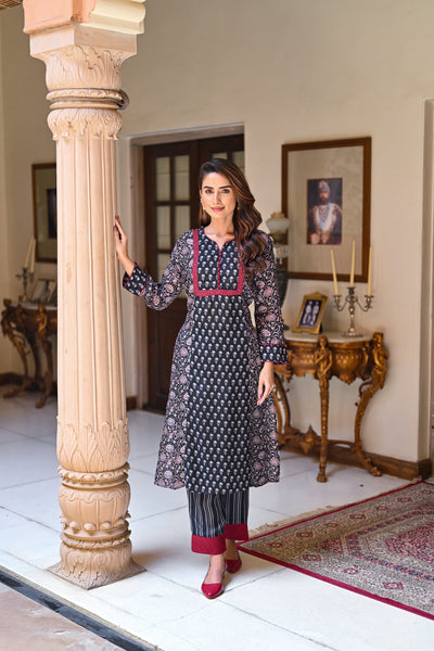 Black and Red Panel Block Print Pure Muslin Kurta Set