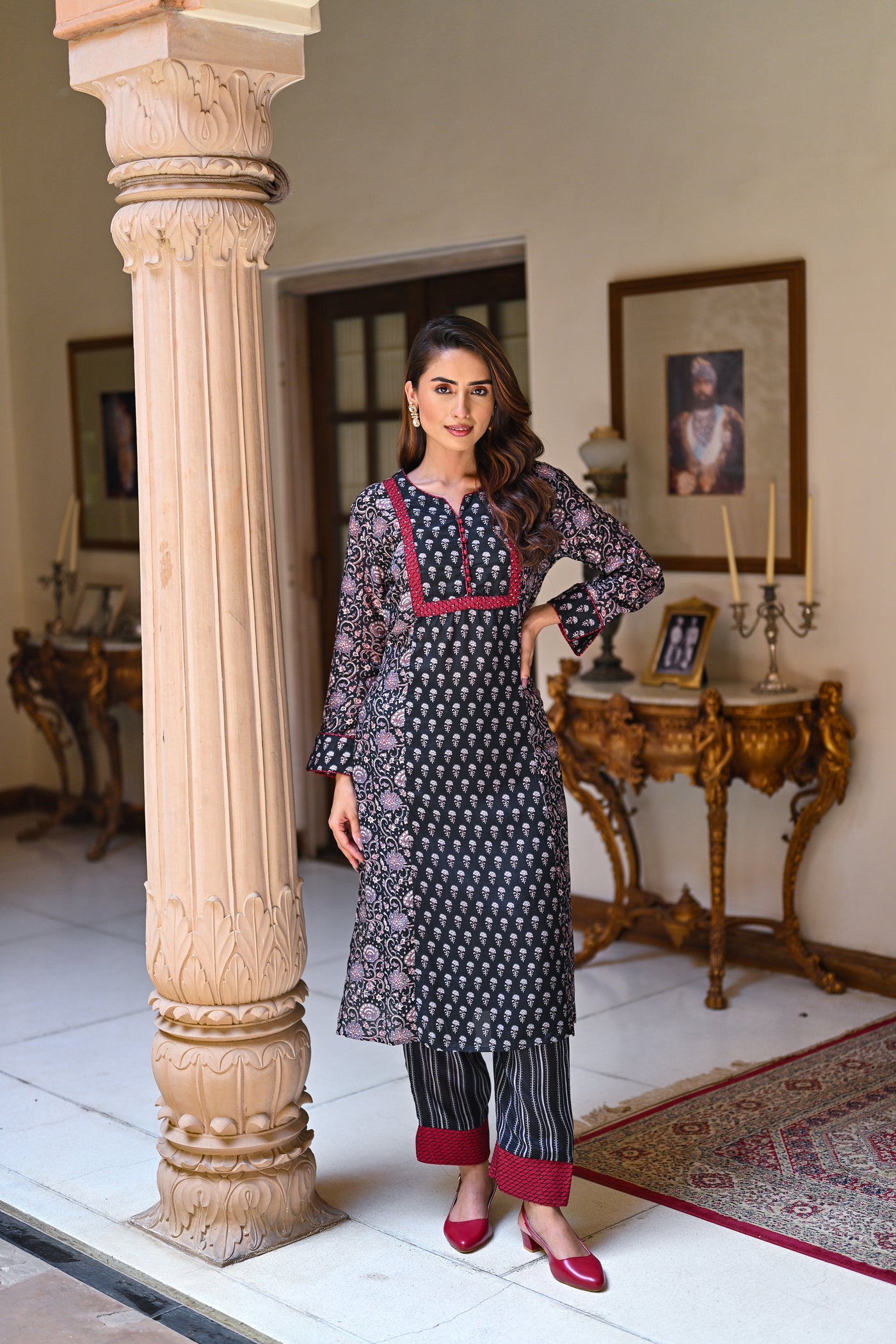 Black and Red Panel Block Print Pure Muslin Kurta Set