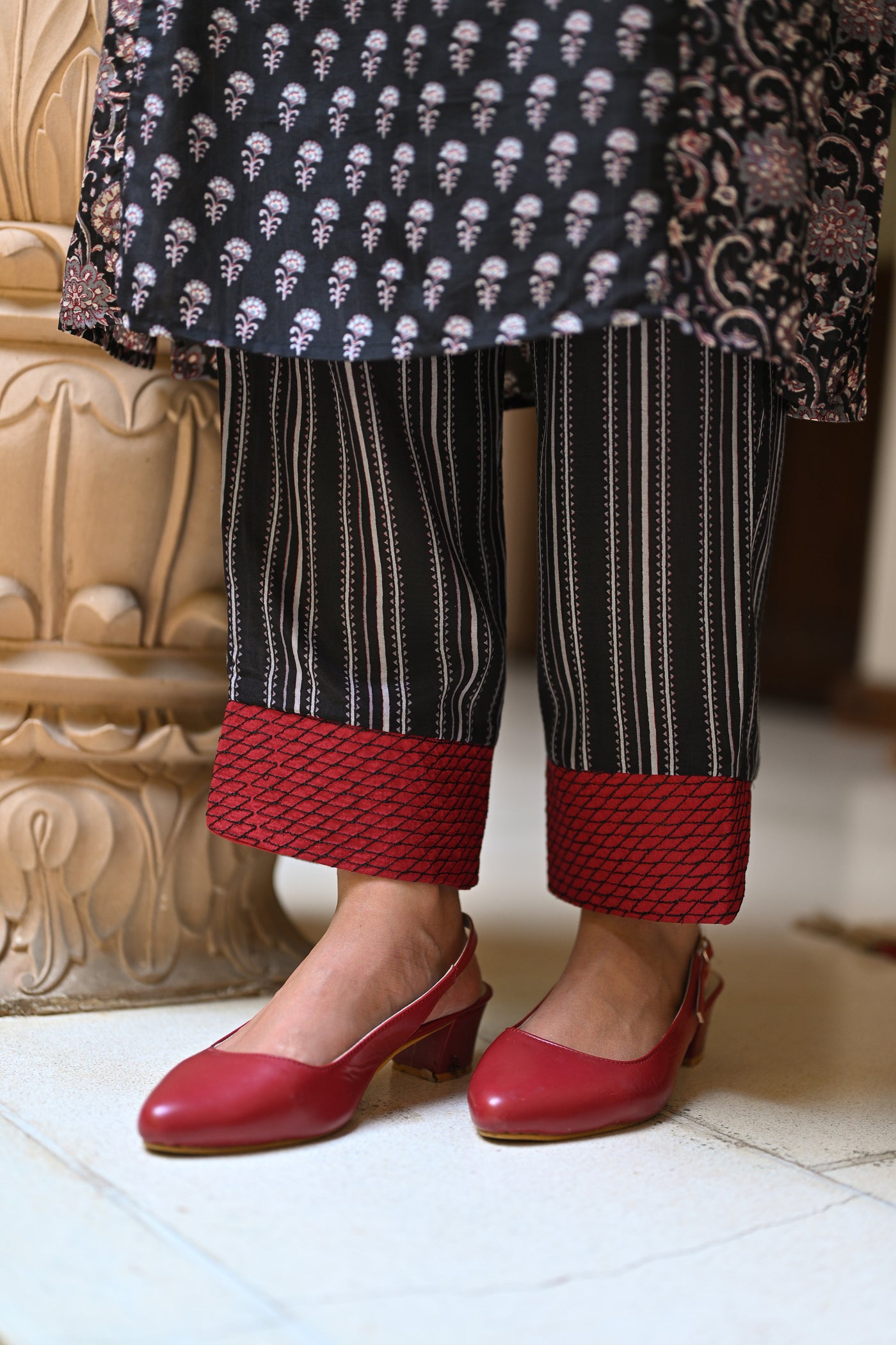 Black and Red Panel Block Print Pure Muslin Kurta Set