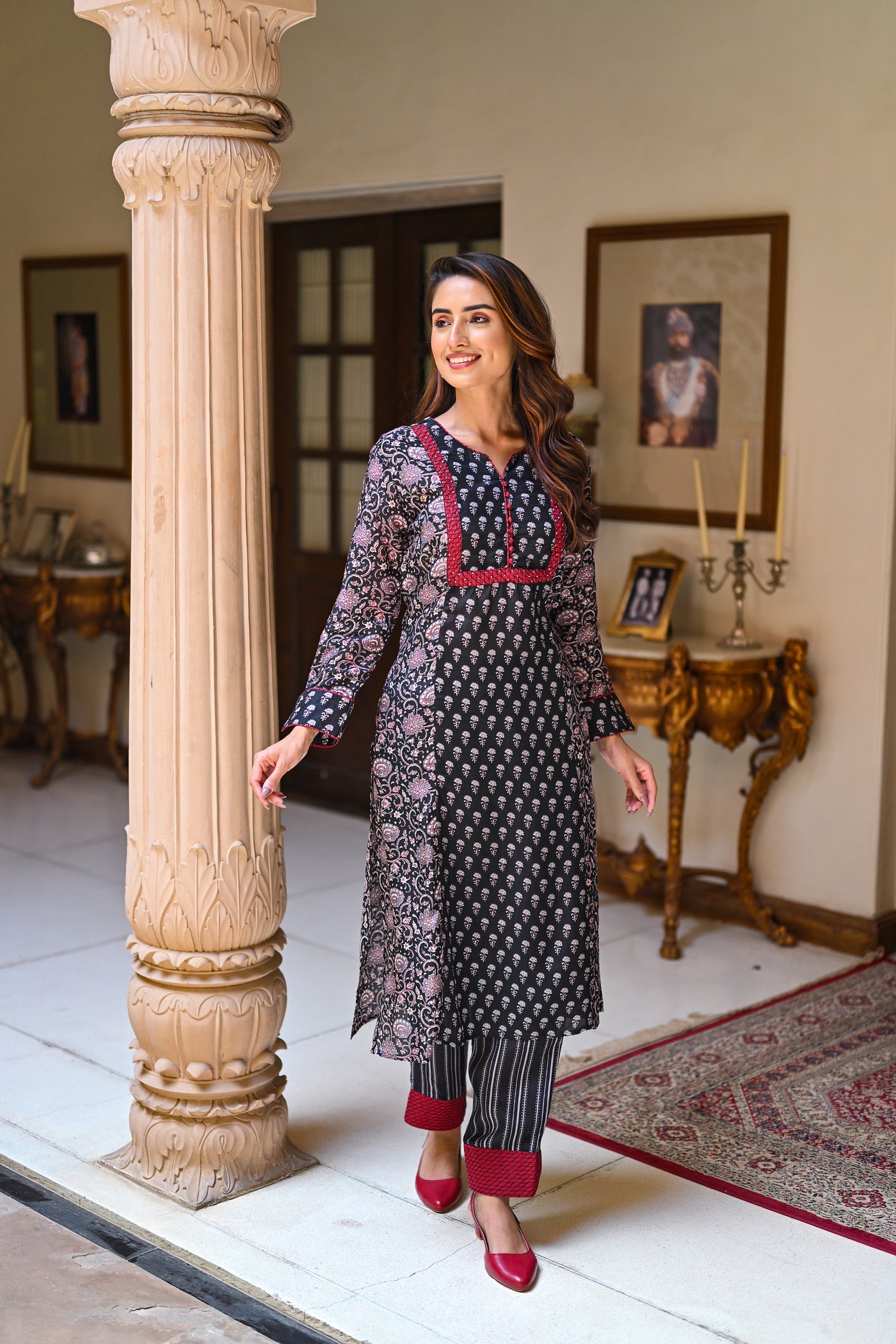 Black and Red Panel Block Print Pure Muslin Kurta Set