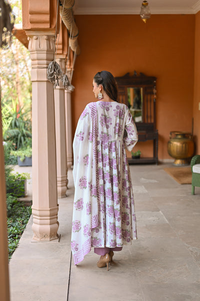 Purple Anarkali Sukoon Cotton Suit Set with Kota Doriya Dupatta