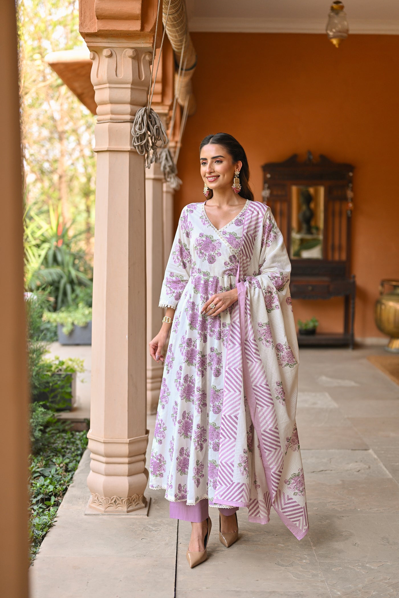 Purple Anarkali Sukoon Cotton Suit Set with Kota Doriya Dupatta