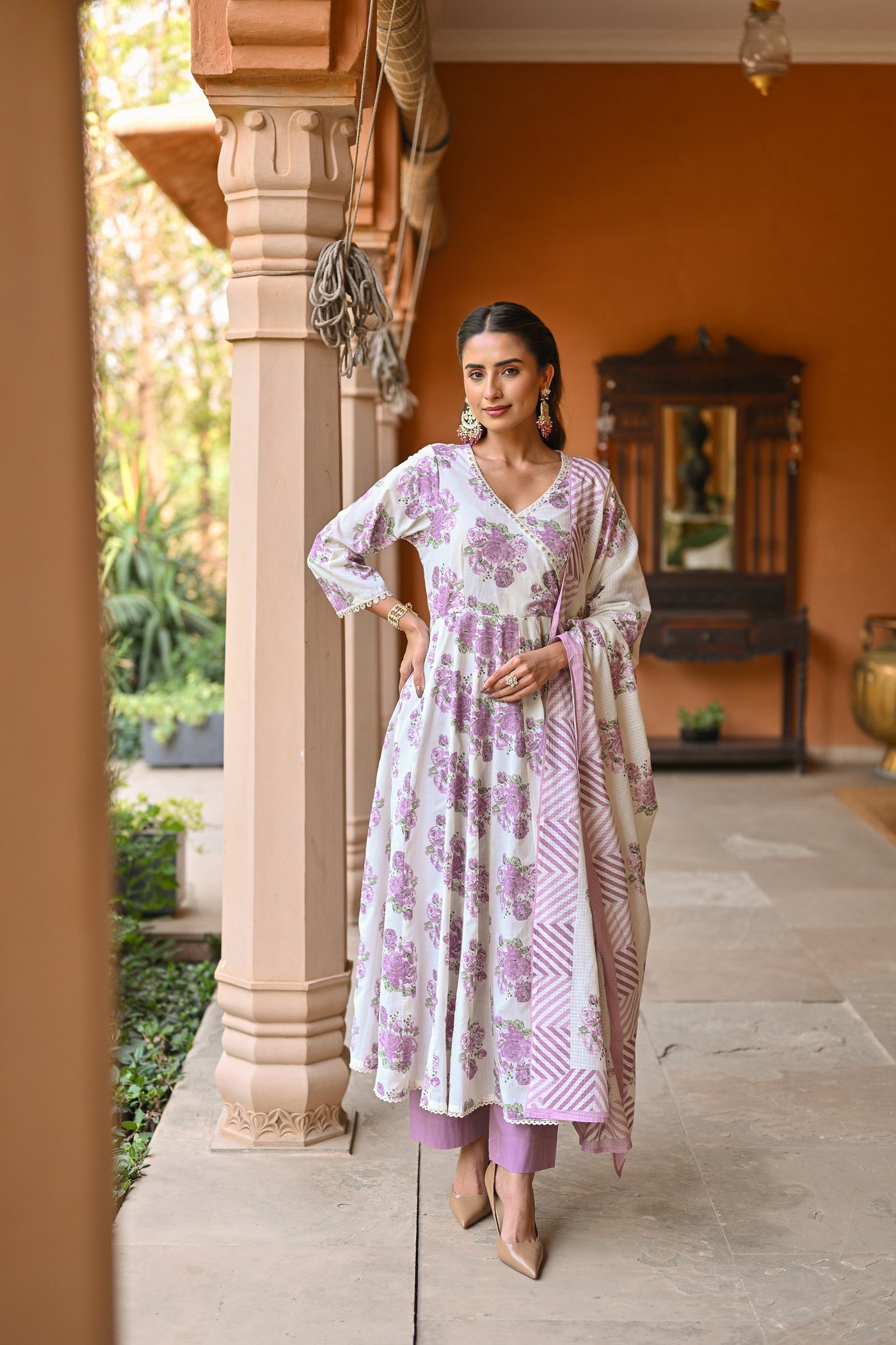 Purple Anarkali Sukoon Cotton Suit Set with Kota Doriya Dupatta