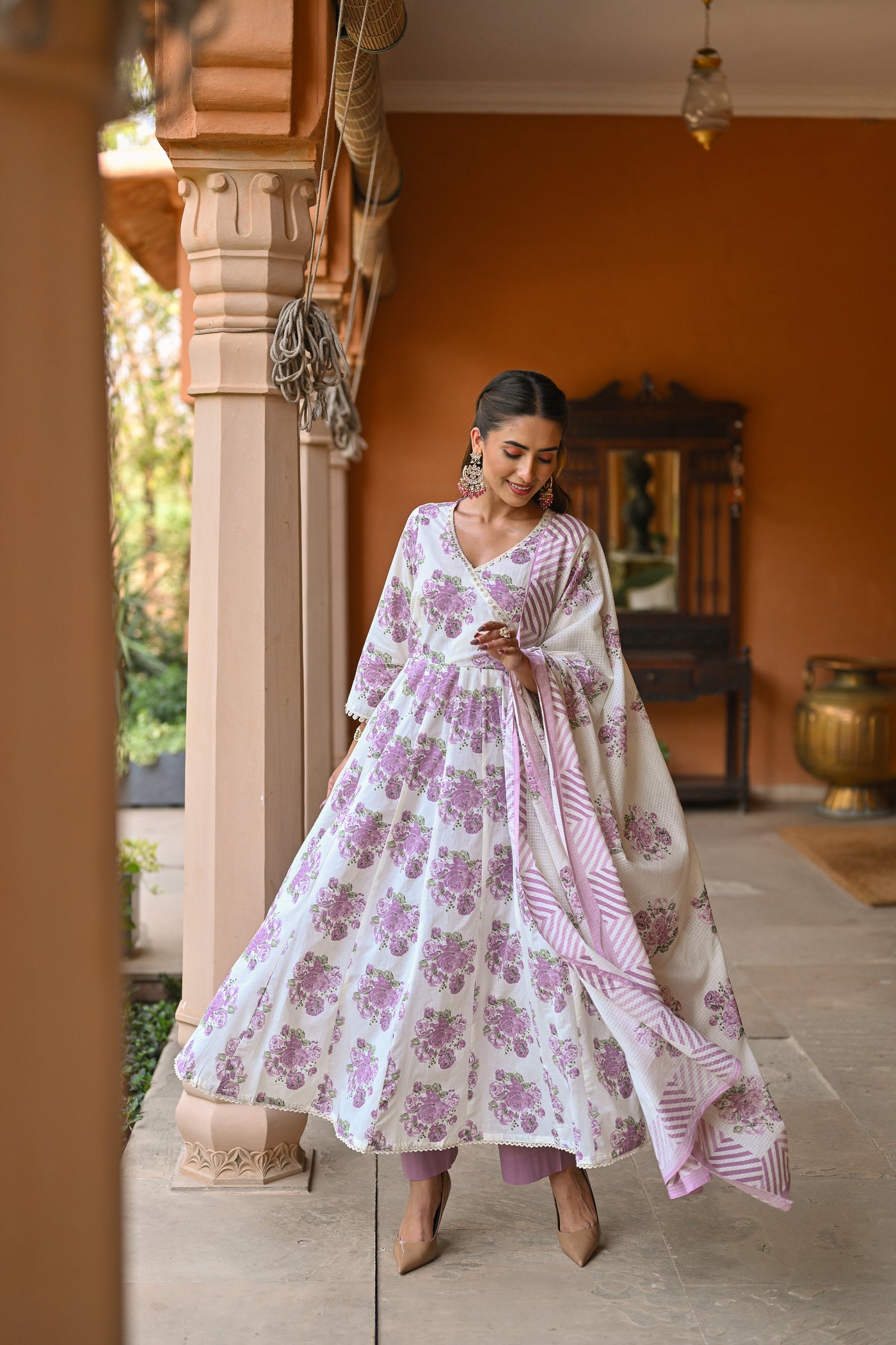 Purple Anarkali Sukoon Cotton Suit Set with Kota Doriya Dupatta