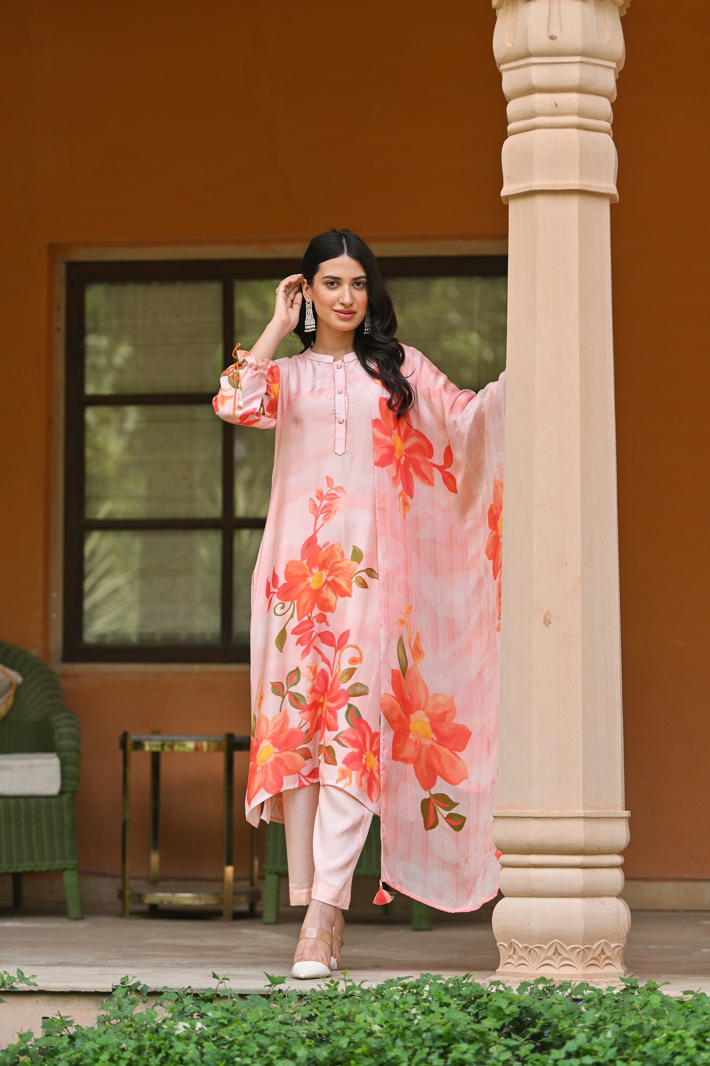 Peach Maira Placement  Floral Print Muslin Suit Set