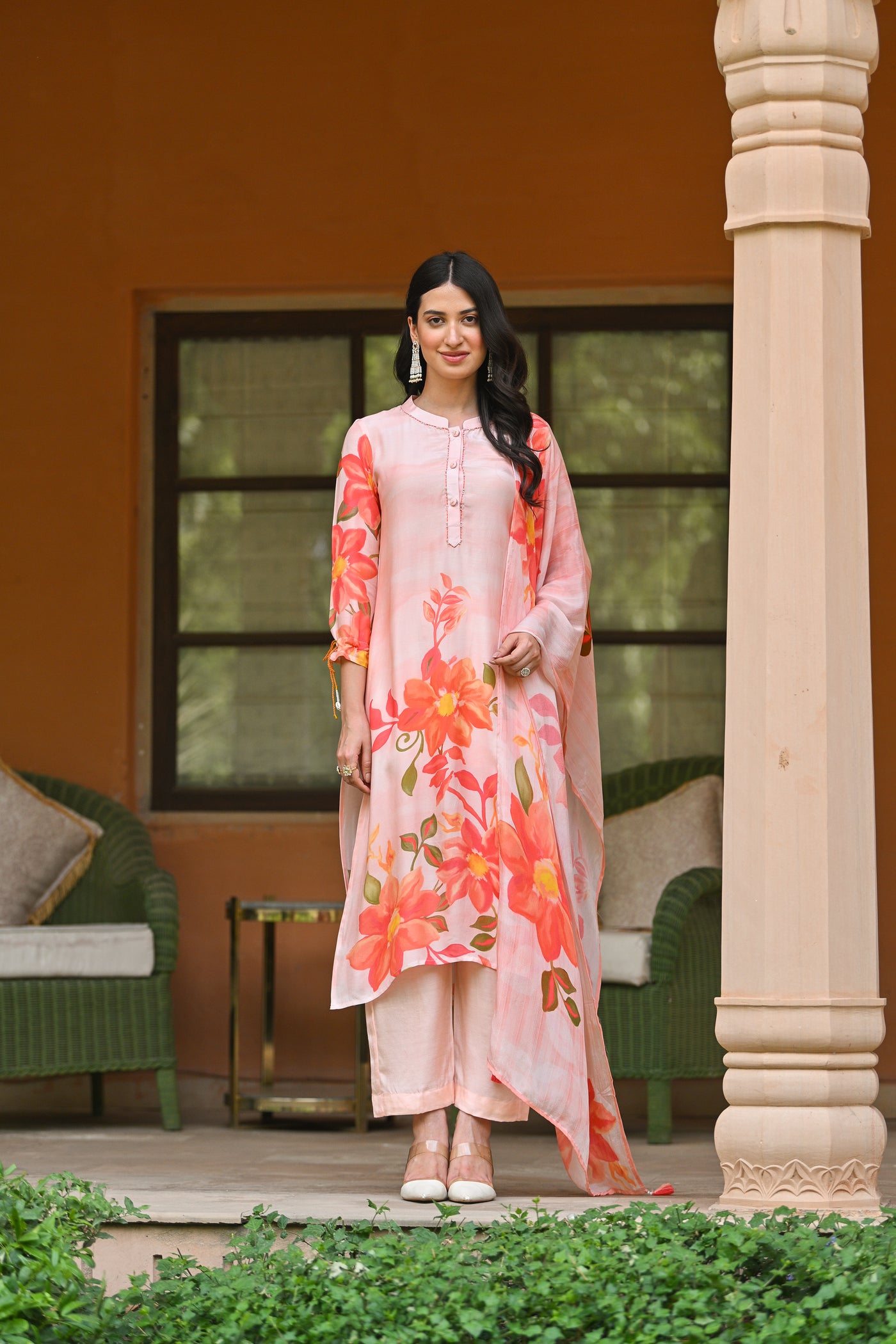 Peach Maira Placement  Floral Print Muslin Suit Set