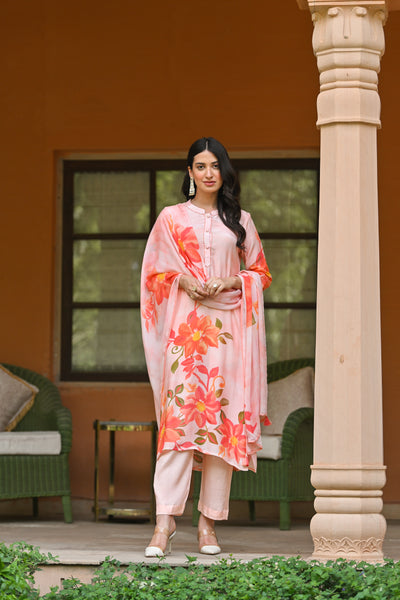 Peach Maira Placement  Floral Print Muslin Suit Set