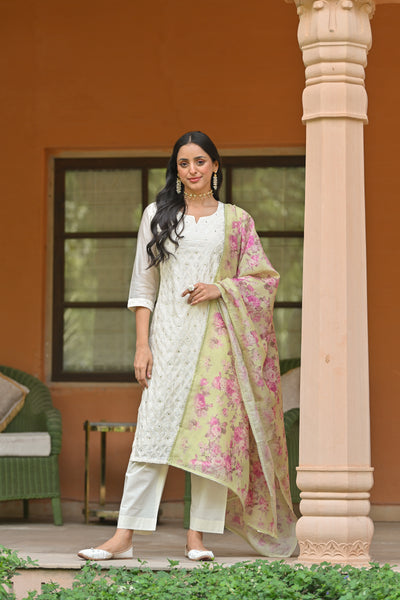 Off White Aarzoo Chanderi Suit Set with Pista Green Floral Dupatta