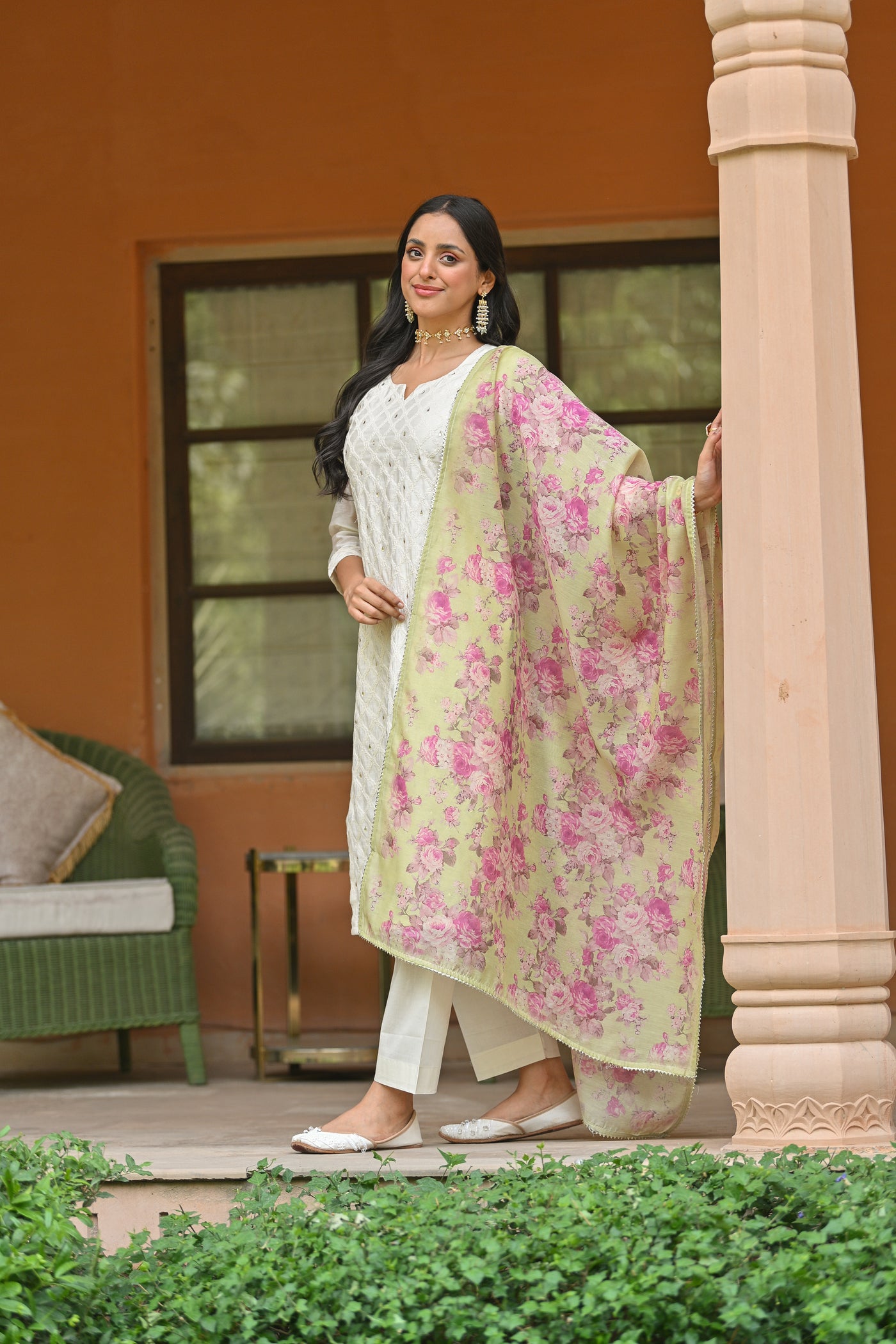 Off White Aarzoo Chanderi Suit Set with Pista Green Floral Dupatta