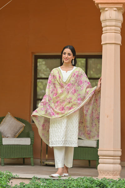 Off White Aarzoo Chanderi Suit Set with Pista Green Floral Dupatta