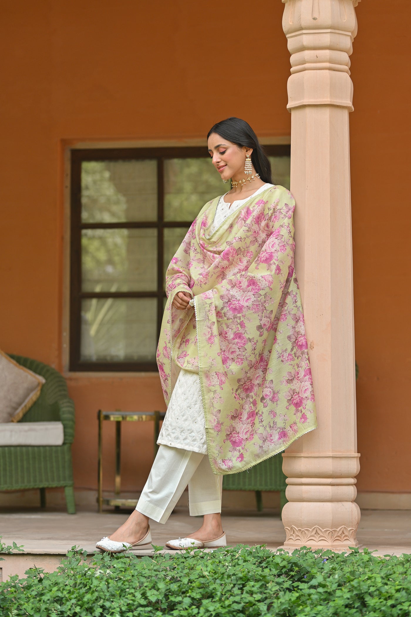 Off White Aarzoo Chanderi Suit Set with Pista Green Floral Dupatta