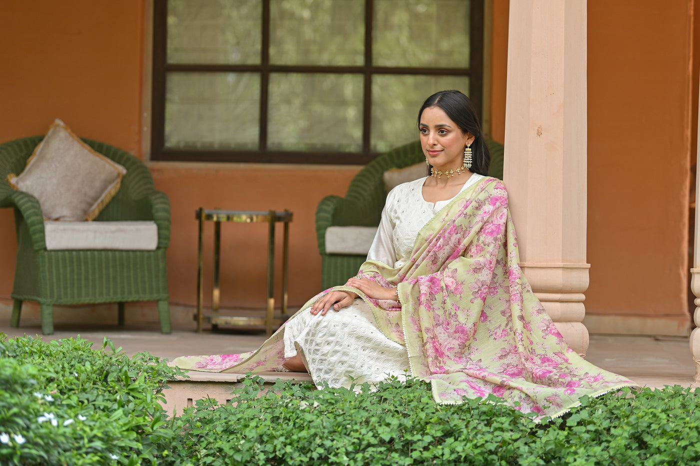 Off White Aarzoo Chanderi Suit Set with Pista Green Floral Dupatta