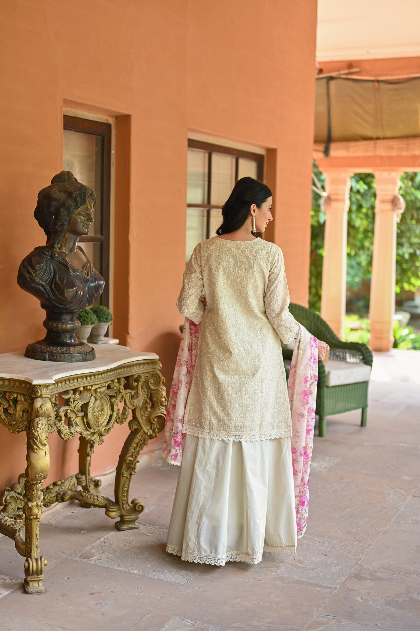 Off White Chikankari Kurta with Floral print Chanderi Dupatta and Skirt