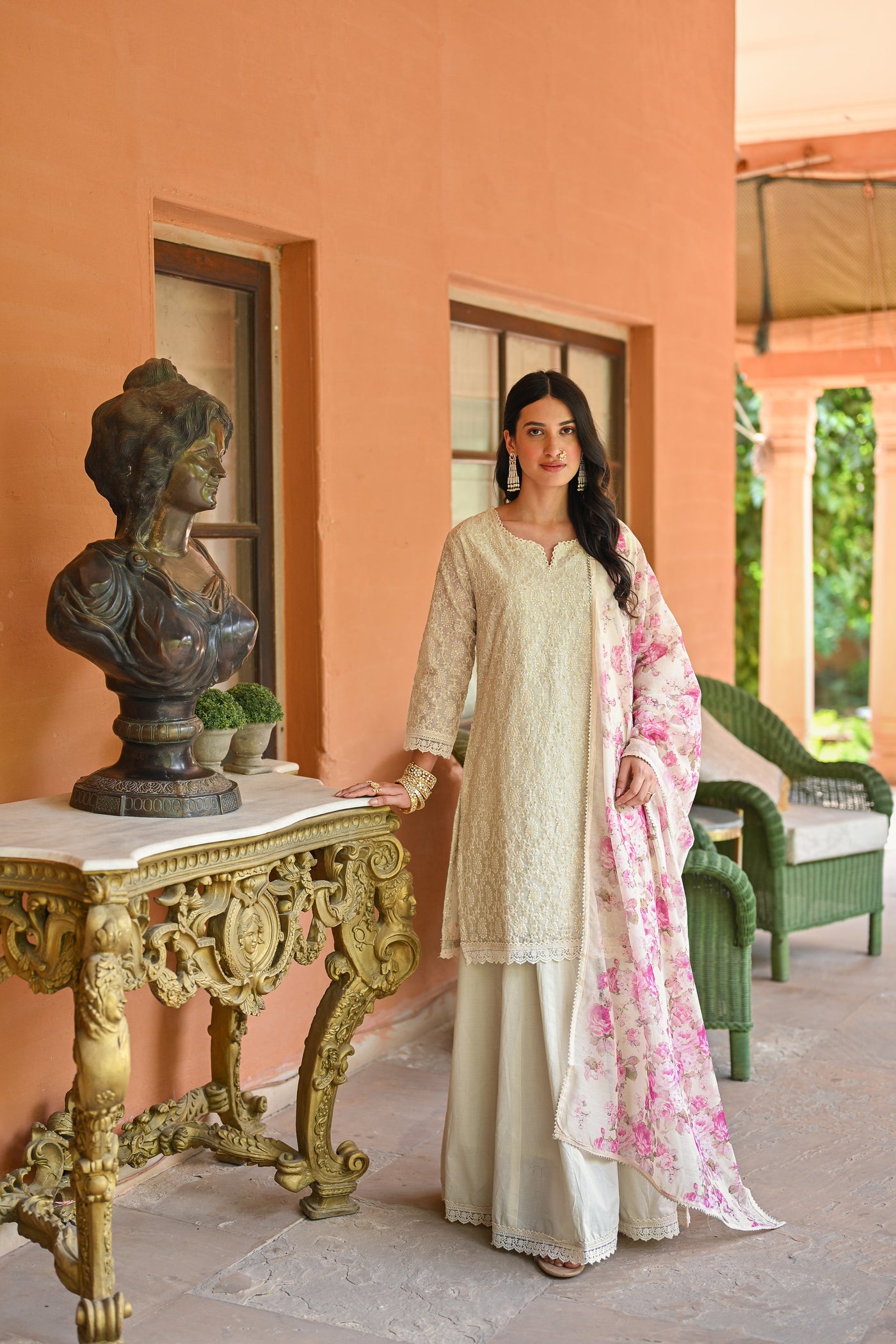 Off White Chikankari Kurta with Floral print Chanderi Dupatta and Skirt