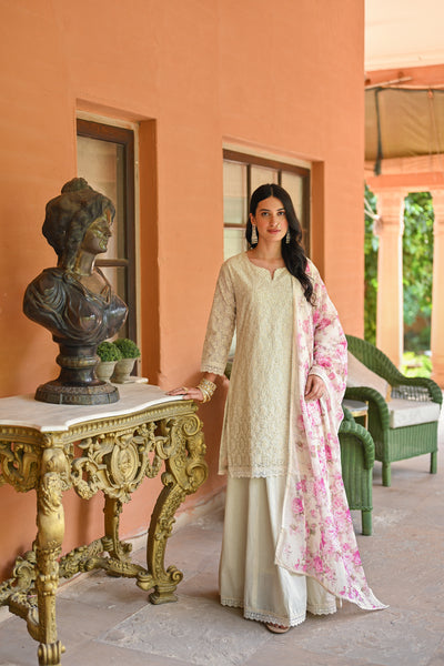 Off White Chikankari Kurta with Floral print Chanderi Dupatta and Skirt