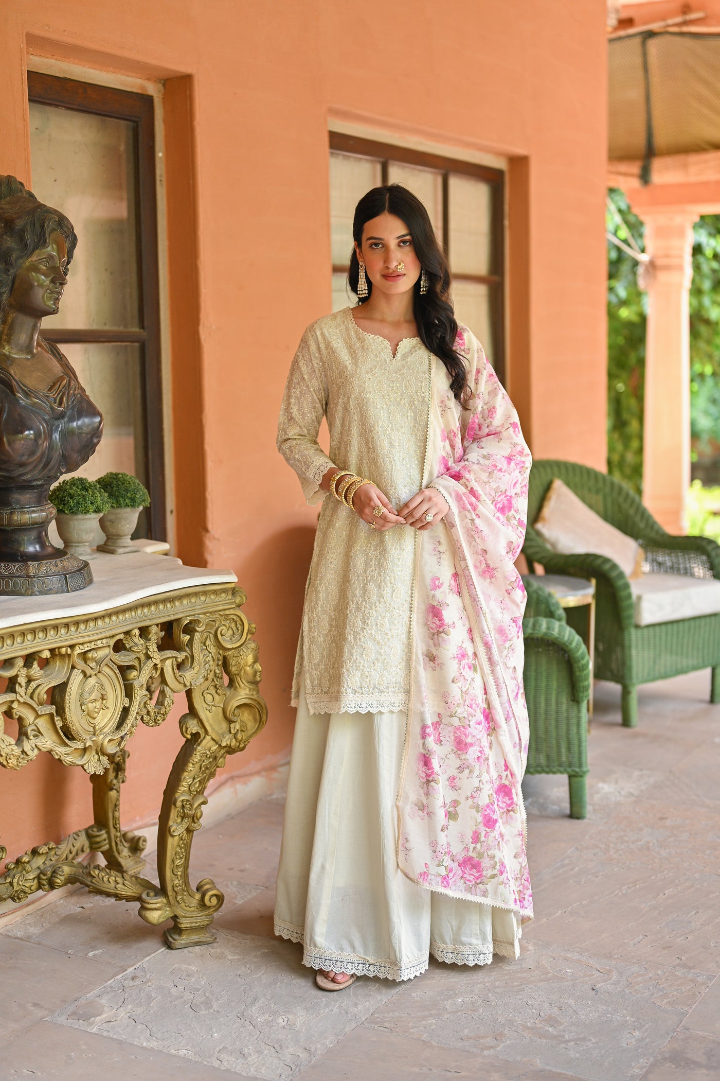 Off White Chikankari Kurta with Floral print Chanderi Dupatta and Skirt