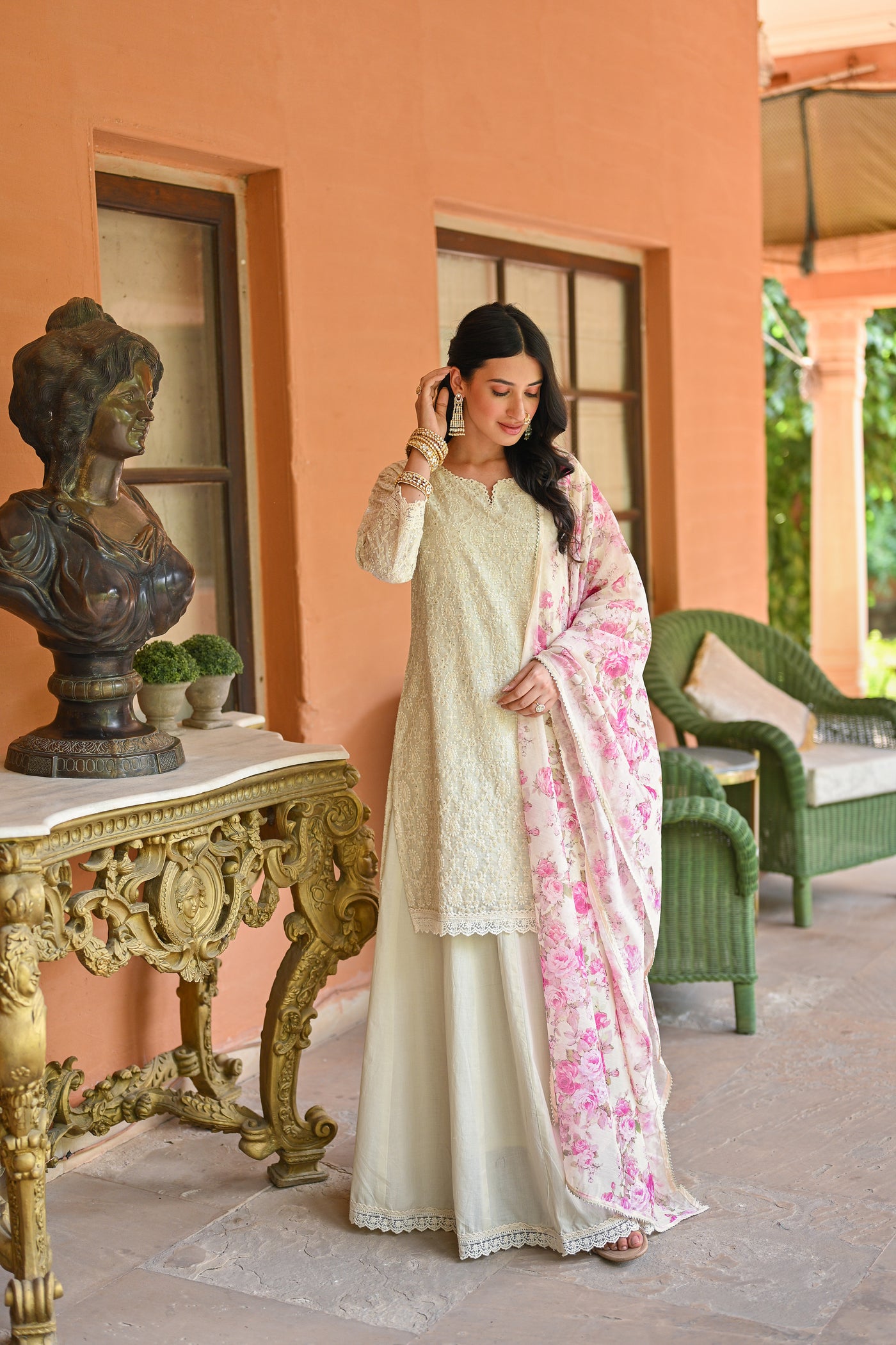 Off White Chikankari Kurta with Floral print Chanderi Dupatta and Skirt