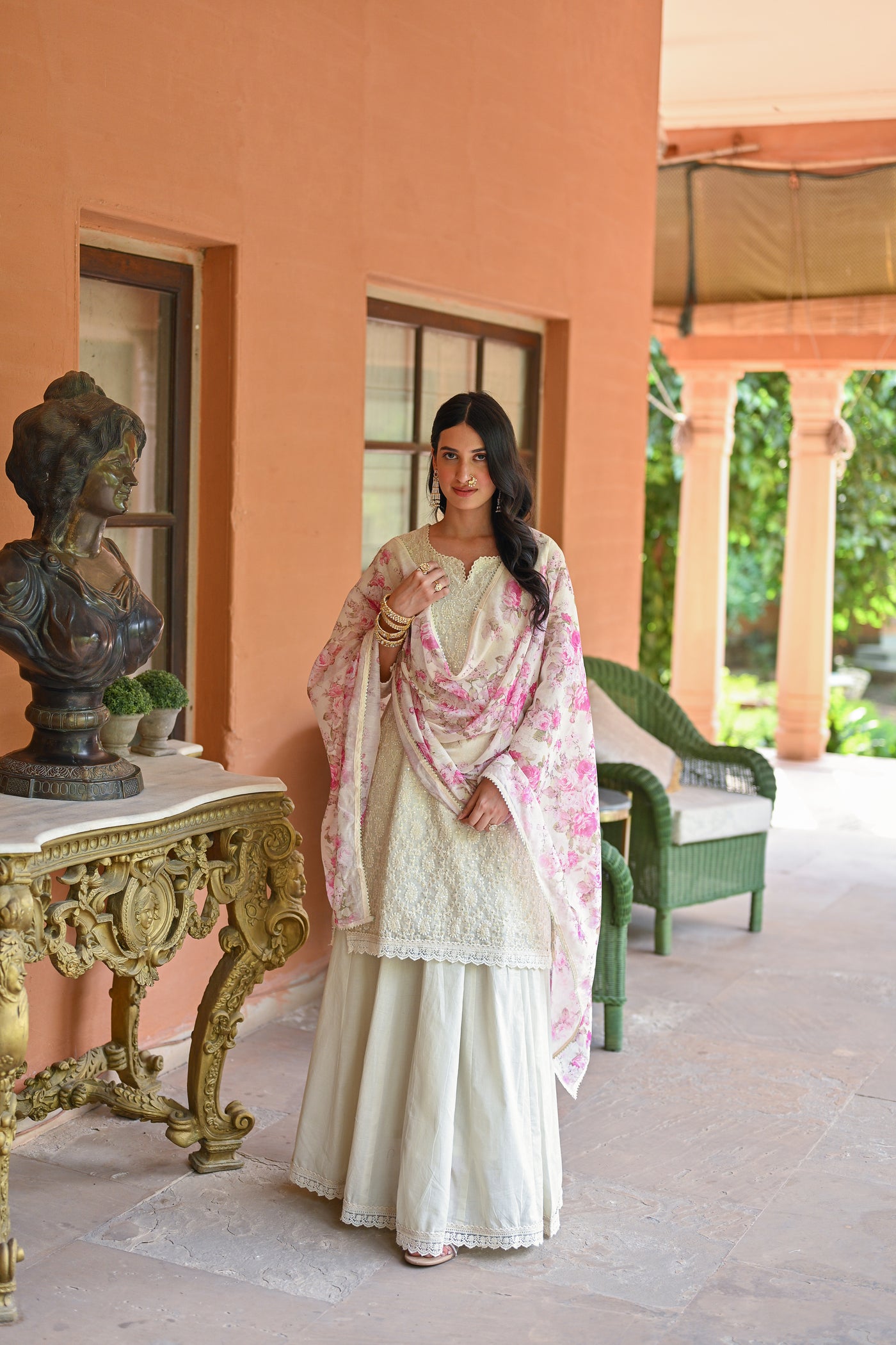 Off White Chikankari Kurta with Floral print Chanderi Dupatta and Skirt