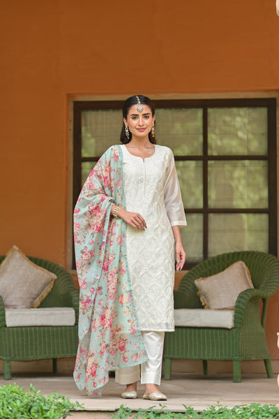 Off White Aarzoo Chanderi Suit Set with Aqua Blue Floral Dupatta