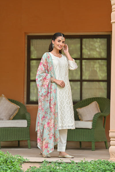 Off White Aarzoo Chanderi Suit Set with Aqua Blue Floral Dupatta