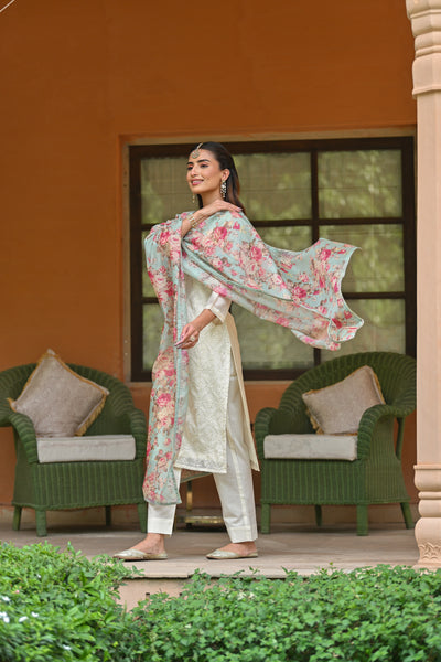 Off White Aarzoo Chanderi Suit Set with Aqua Blue Floral Dupatta