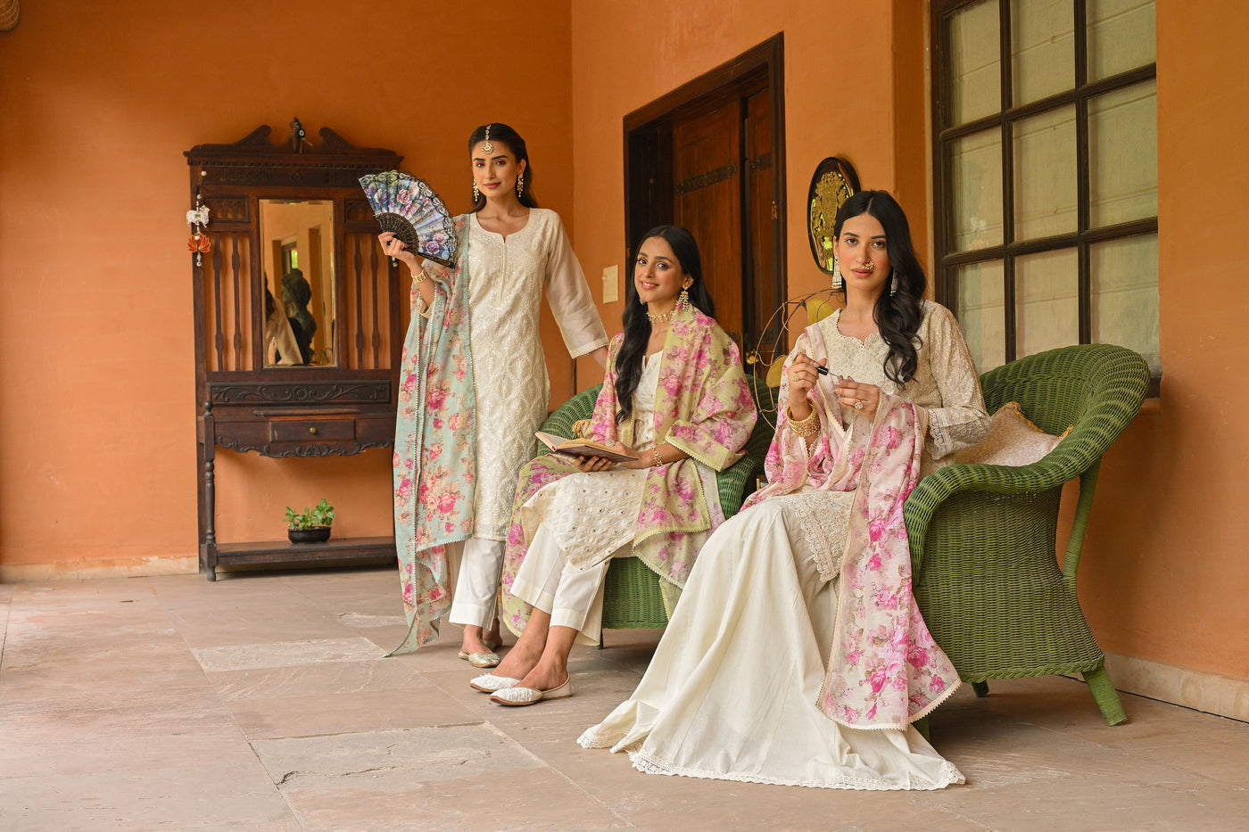 Off White Aarzoo Chanderi Suit Set with Pista Green Floral Dupatta