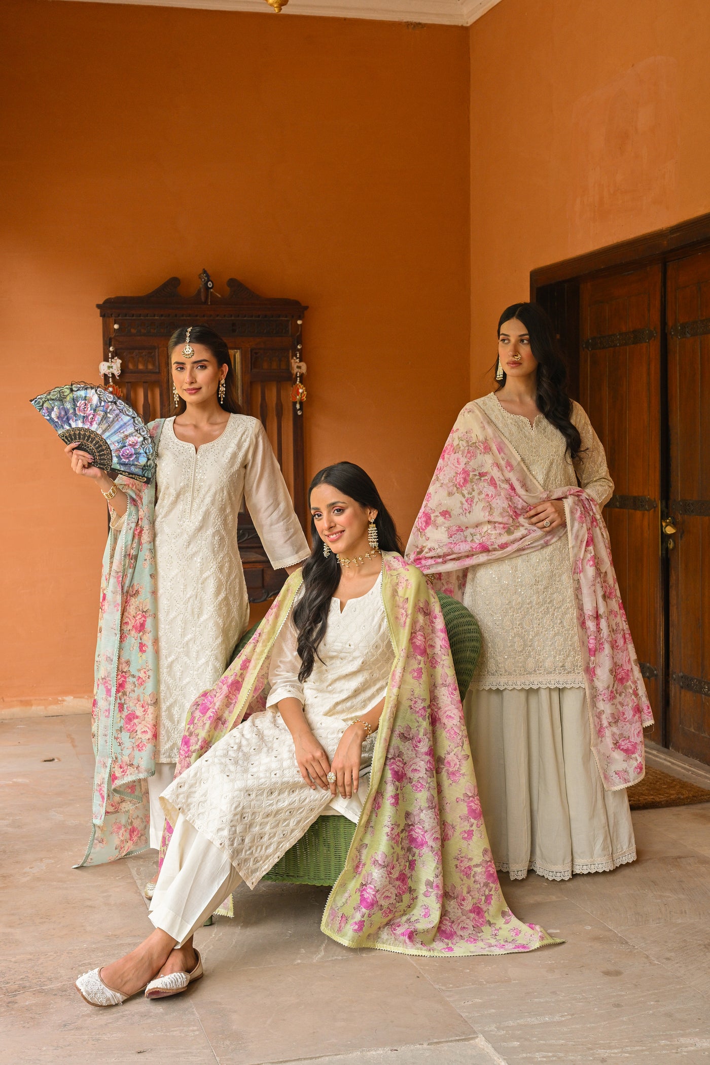 Off White Aarzoo Chanderi Suit Set with Pista Green Floral Dupatta