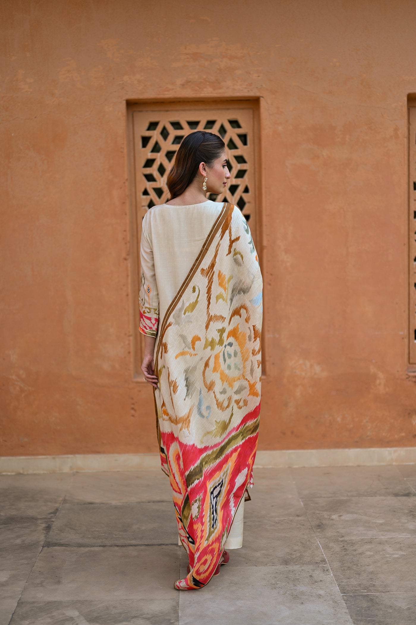 Beige Muslin Suit Set with Red Printed Dupatta