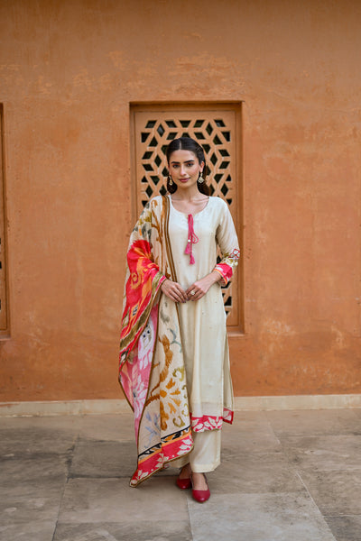 Beige Muslin Suit Set with Red Printed Dupatta