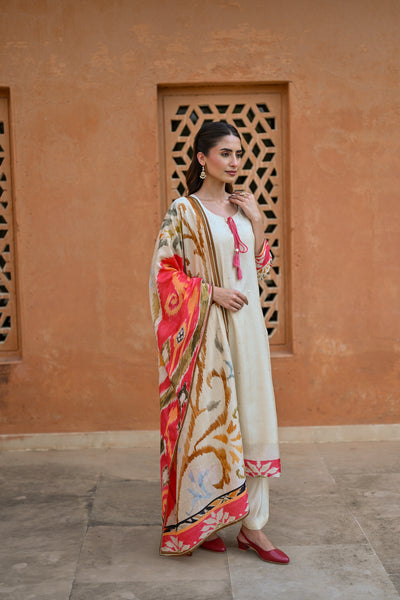 Beige Muslin Suit Set with Red Printed Dupatta