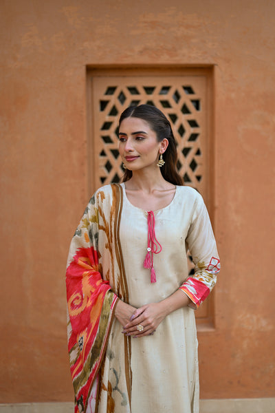 Beige Muslin Suit Set with Red Printed Dupatta