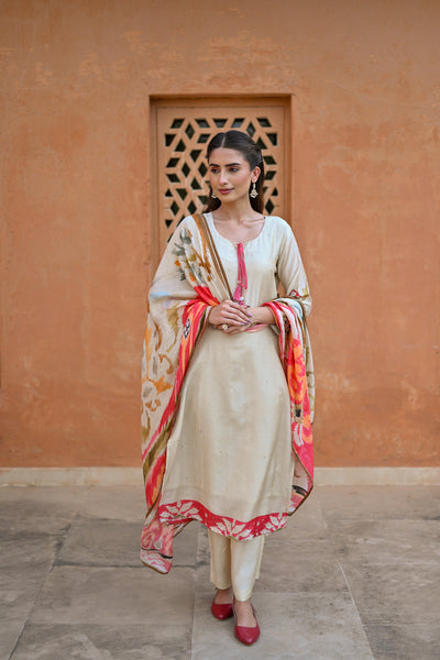 Beige Muslin Suit Set with Red Printed Dupatta