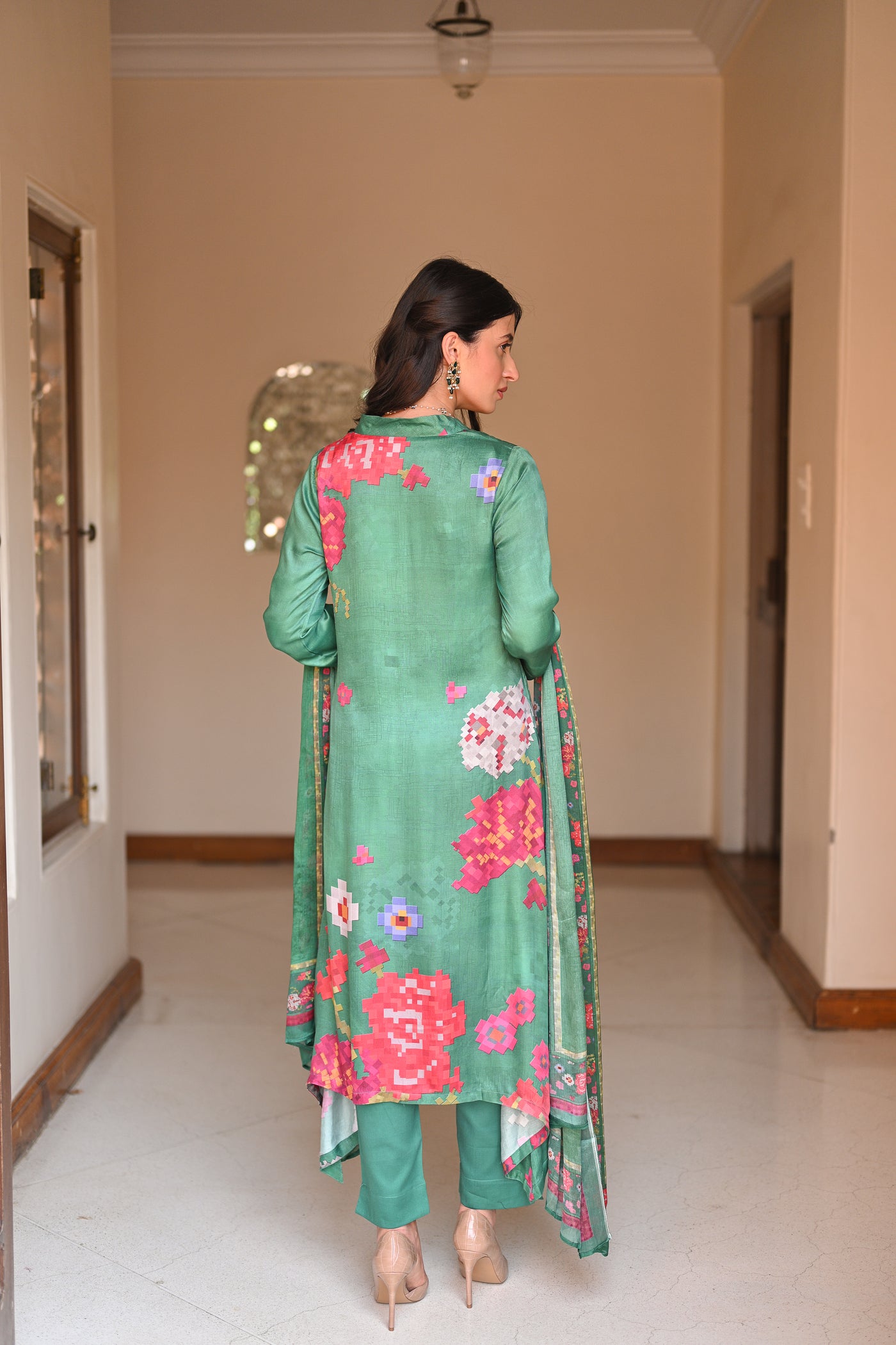 Abstract Bloom Print Green Gajji Silk Suit Set with Moti Work