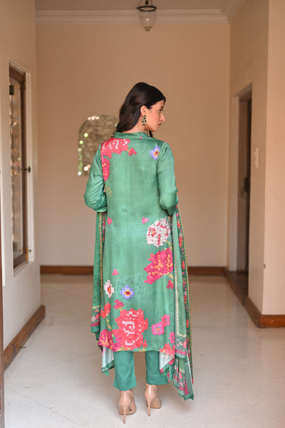 Abstract Bloom Print Green Gajji Silk Suit Set with Moti Work