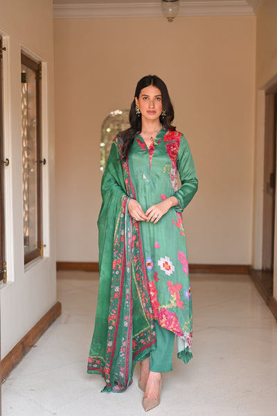 Abstract Bloom Print Green Gajji Silk Suit Set with Moti Work